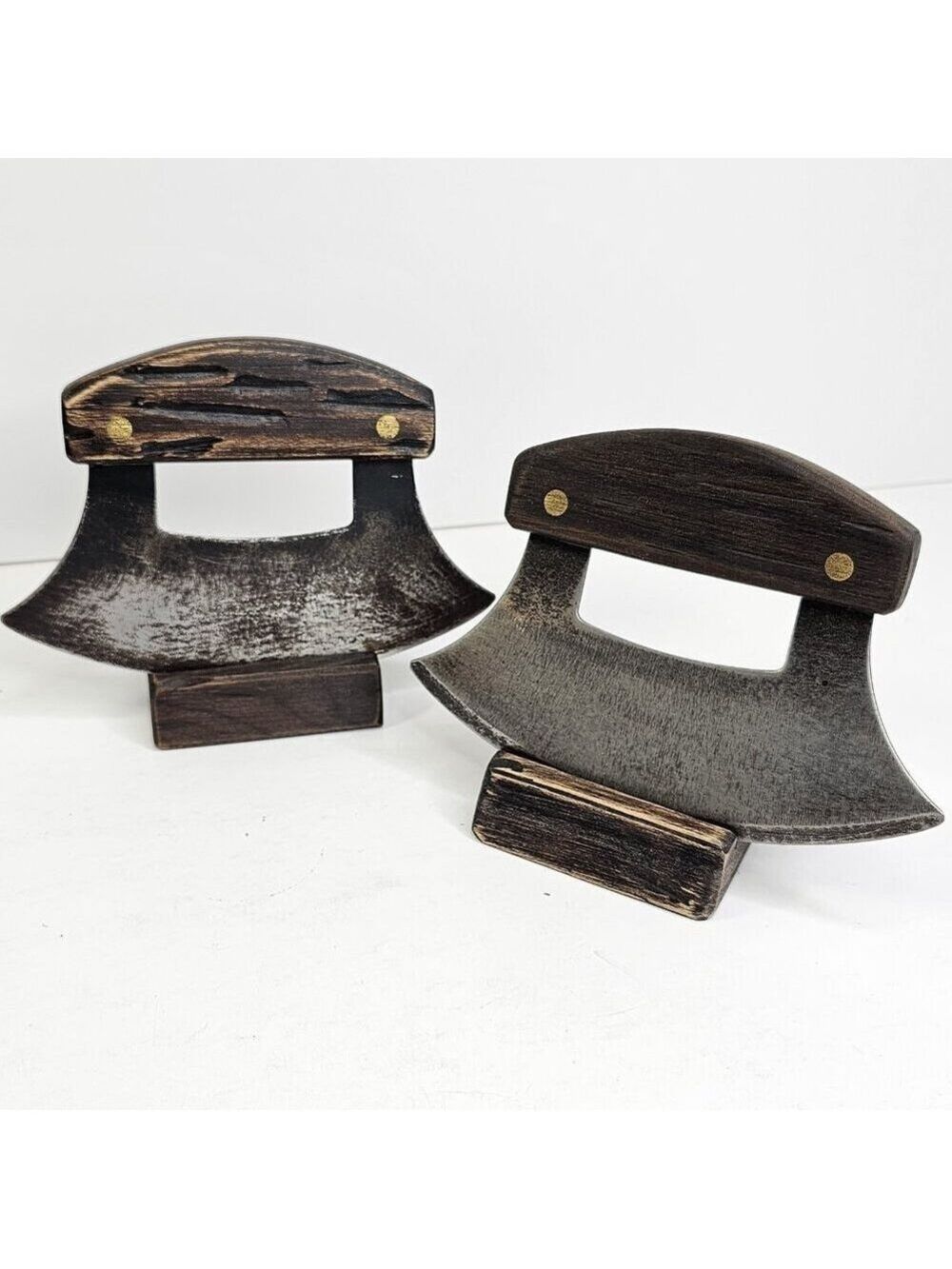 Set of 2 Alaskan Ulu Knives Rustic Curved Blades Wood Handles w/ Wooden Stands